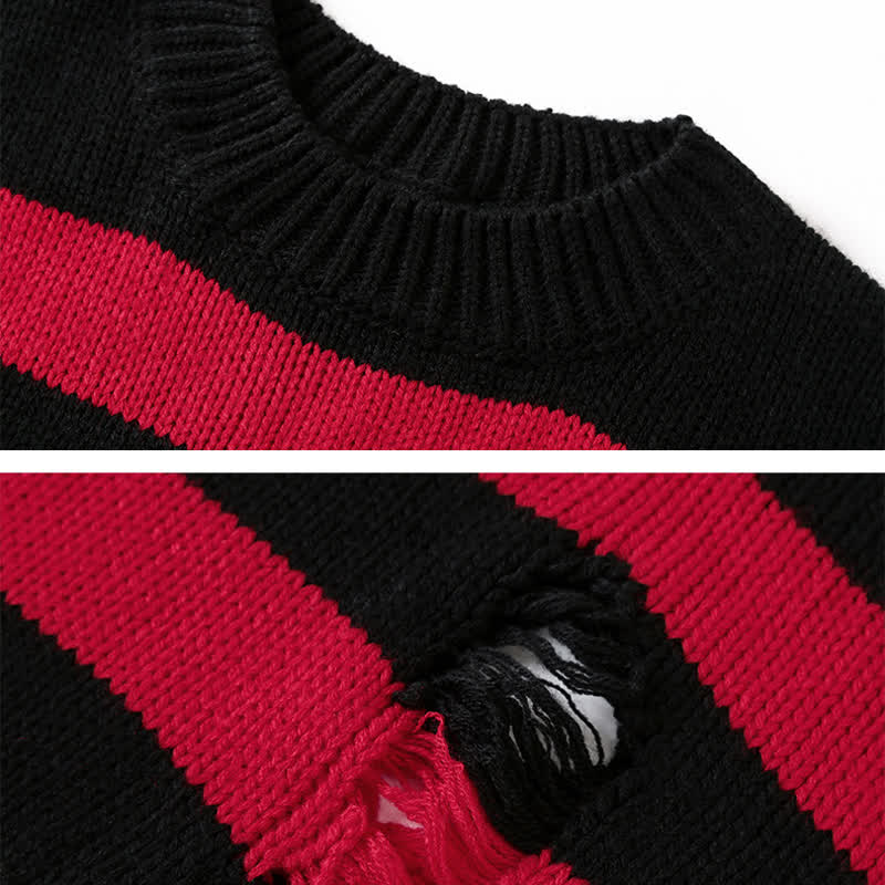  Casual Vintage Ripped Striped Loose Crew Neck Long Sleeve Knit Sweater - image 9
