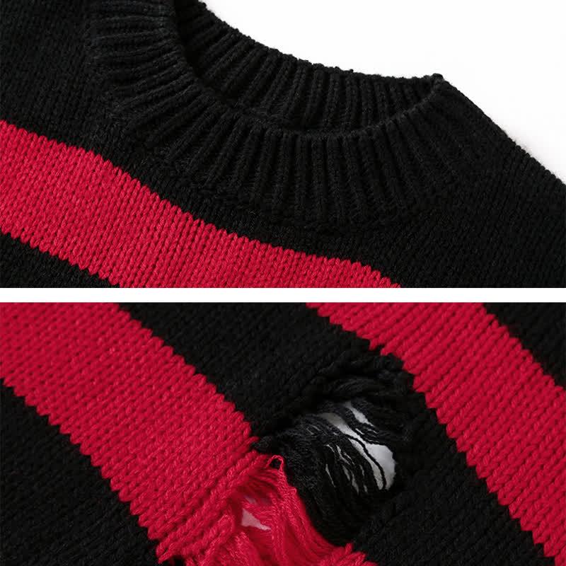  Casual Vintage Ripped Striped Loose Crew Neck Long Sleeve Knit Sweater - image 9