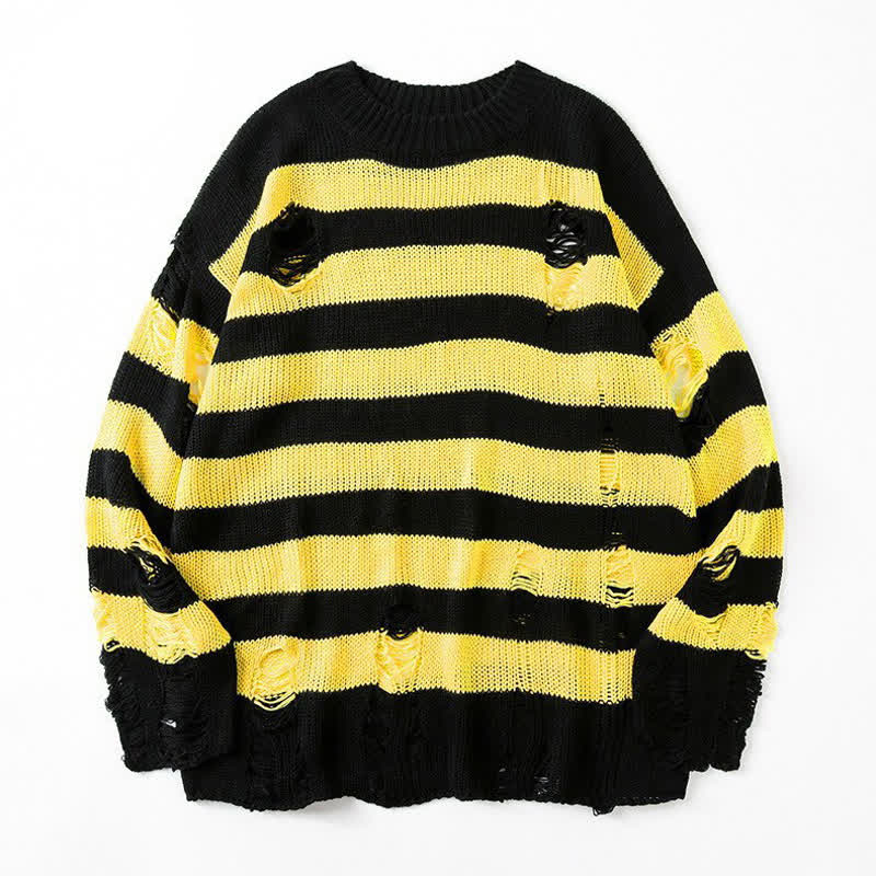  Casual Vintage Ripped Striped Loose Crew Neck Long Sleeve Knit Sweater - Black & Yellow - 3XL - image 4