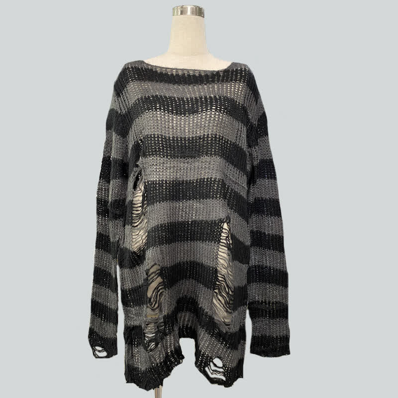 Oversized Striped Hollow Out Ripped Long Sleeve Knit Sweater - Black & Grey - One Size - image 6