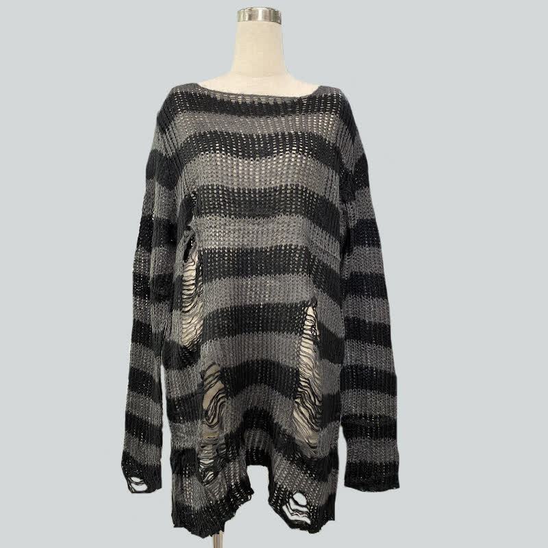 Oversized Striped Hollow Out Ripped Long Sleeve Knit Sweater - Black & Grey - One Size - image 6