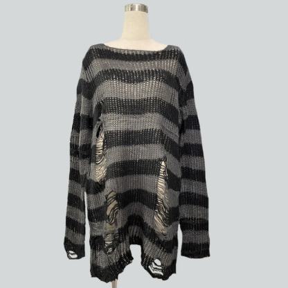 Oversized Striped Hollow Out Ripped Long Sleeve Knit Sweater - Black & Grey - One Size - image 6