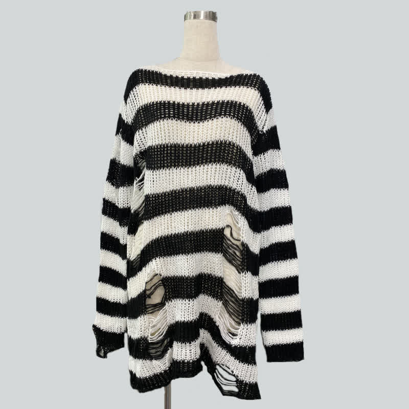 Oversized Striped Hollow Out Ripped Long Sleeve Knit Sweater - Black & White - One Size - image 4