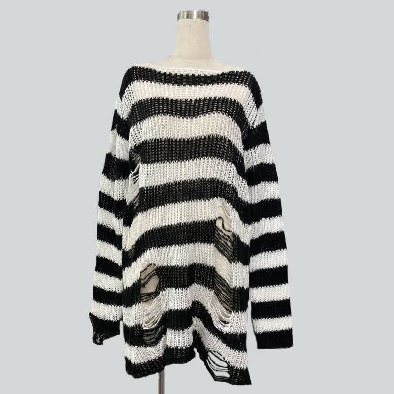 Oversized Striped Hollow Out Ripped Long Sleeve Knit Sweater - Black & White - One Size - image 4