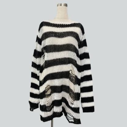 Oversized Striped Hollow Out Ripped Long Sleeve Knit Sweater - Black & White - One Size - image 4
