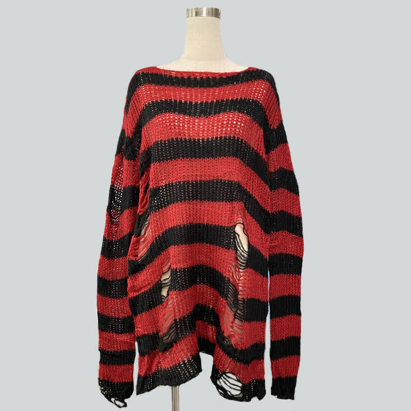 Oversized Striped Hollow Out Ripped Long Sleeve Knit Sweater - Black & Red - One Size - image 3