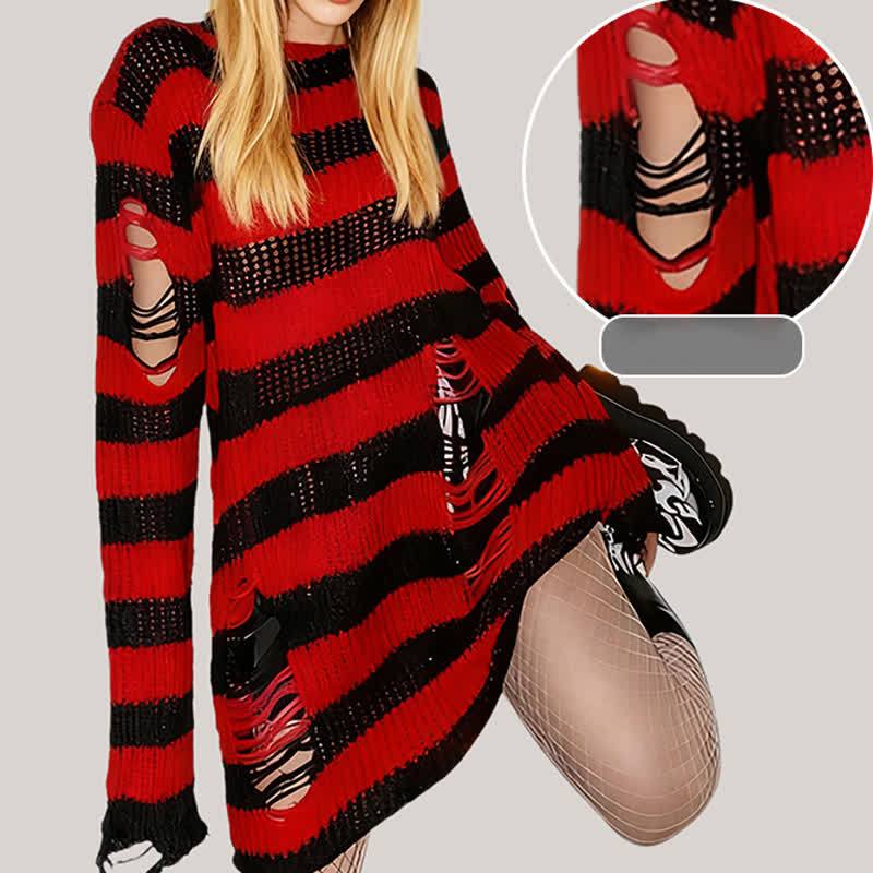 Oversized Striped Hollow Out Ripped Long Sleeve Knit Sweater - image 2