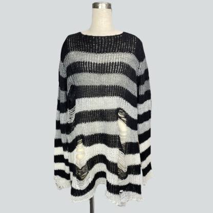 Gradient Loose Distressed Ripped Striped Knit Sweater - image 3