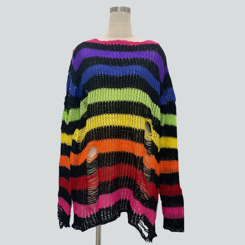 Gradient Loose Distressed Ripped Striped Knit Sweater - Rainbow - One Size - image 2
