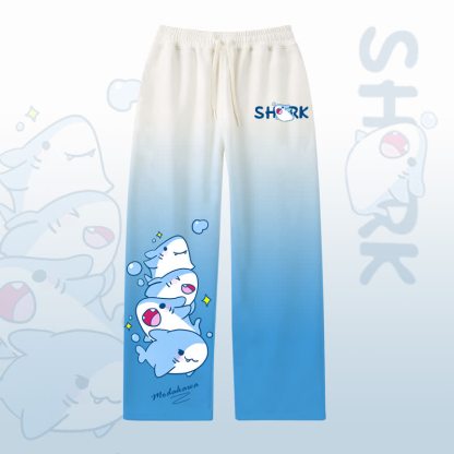 MODAKAWA Cute Shark Print Casual Wide Leg pants - Blue - 4XL - image 1