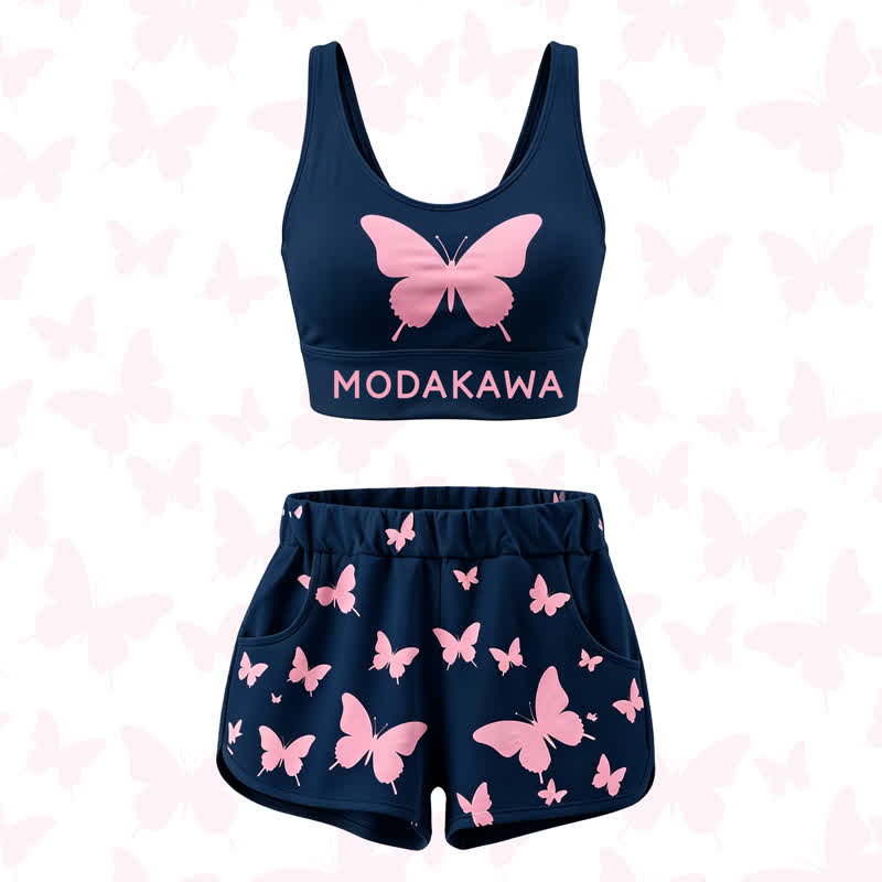 MODAKAWA Butterfly Print Crop Tank Sport Top Shorts Matching Outfit - Black Set - 4XL - image 1