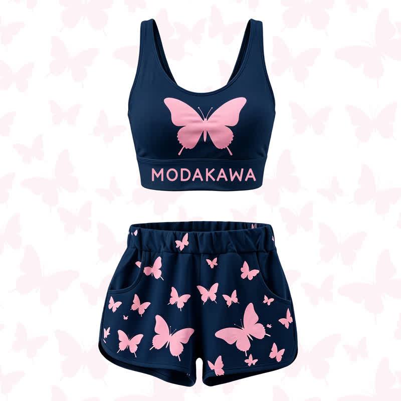 MODAKAWA Butterfly Print Crop Tank Sport Top Shorts Matching Outfit - Black Set - 4XL - image 1