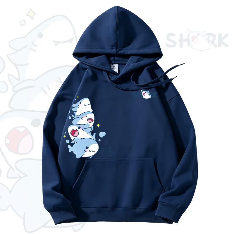 MODAKAWA Cute Shark Graphic Fleece Lined Hoodie - Navy Blue - 3XL - image 7