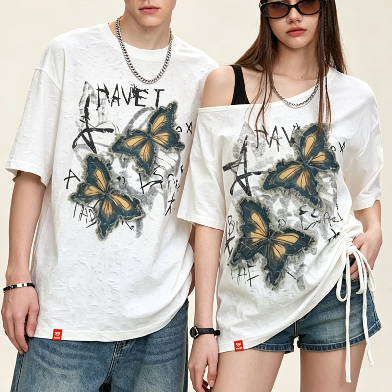 Vintage Butterfly Print Off Shoulder Short Sleeve Couple T-shirts - image 1