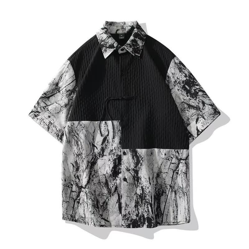 Chinese Style Ink Wash Print Color Block Casual Half Sleeve Shirt - Black - 4XL - image 4
