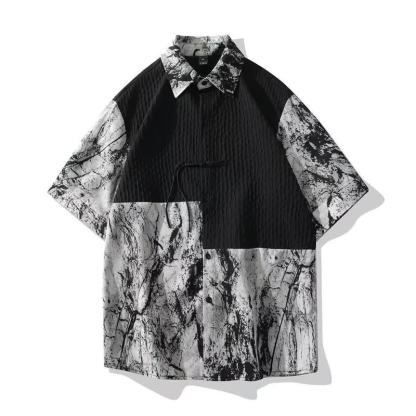 Chinese Style Ink Wash Print Color Block Casual Half Sleeve Shirt - Black - 4XL - image 4