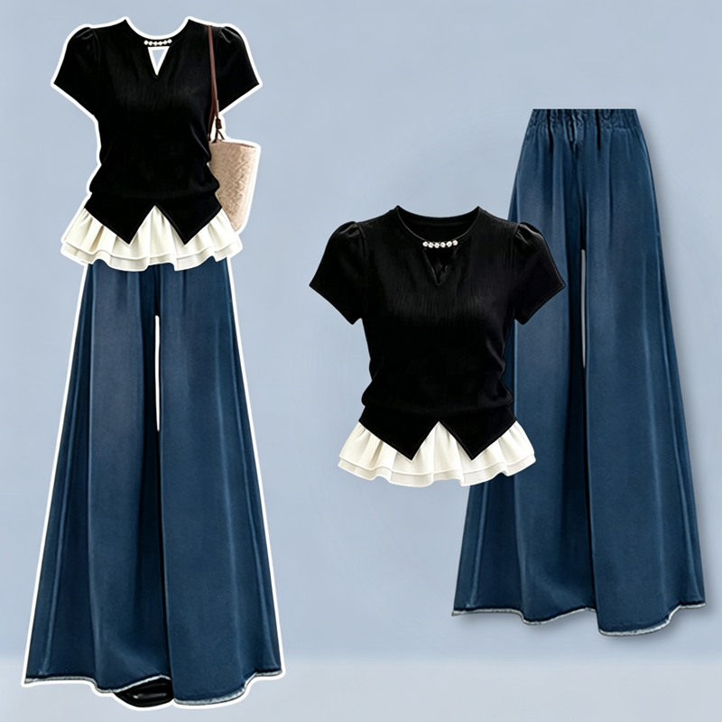 Casual Color Block Ruffle Hem Short Sleeve Top Wide Leg Jeans Two Pieces Set - Set A - 3XL - image 1