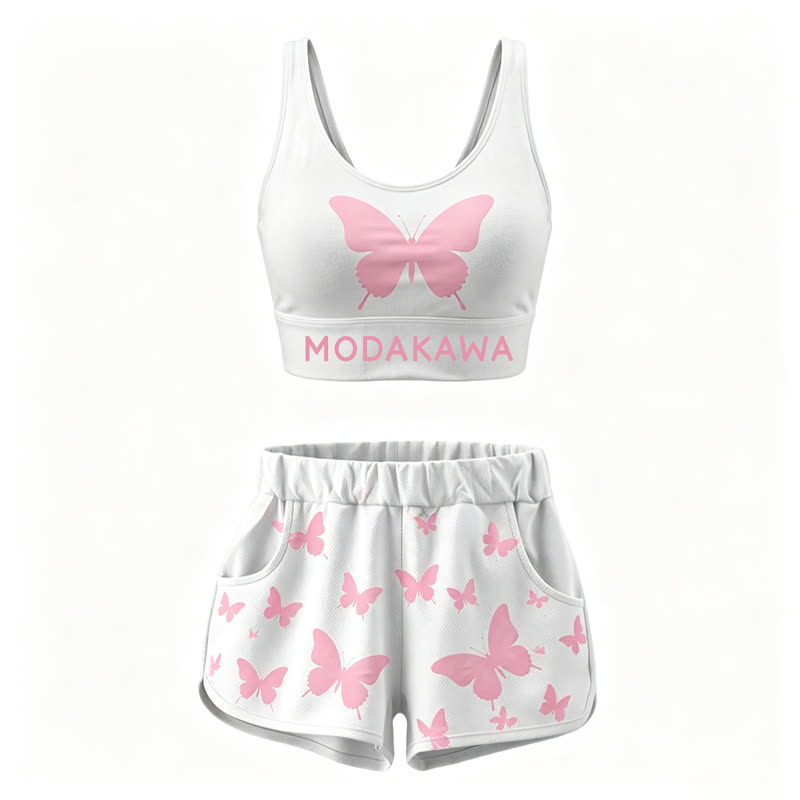 MODAKAWA Butterfly Print Crop Tank Sport Top Shorts Matching Outfit - White Set - 4XL - image 2