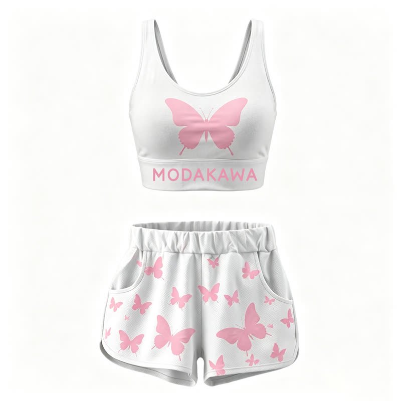 MODAKAWA Butterfly Print Crop Tank Sport Top Shorts Matching Outfit - White Set - 4XL - image 2