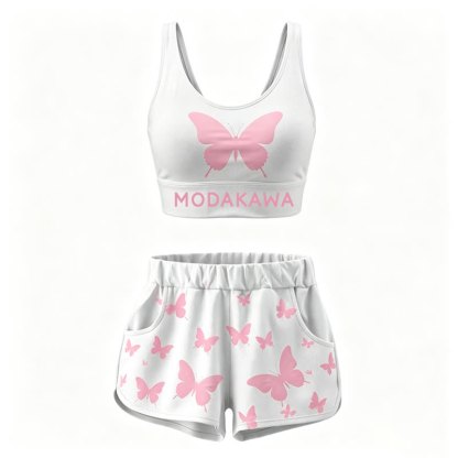 MODAKAWA Butterfly Print Crop Tank Sport Top Shorts Matching Outfit - White Set - 4XL - image 2