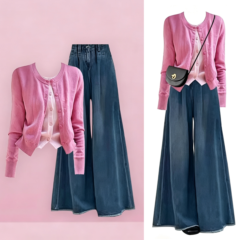 Color Block Fake Two Piece Knit Cardigan Wide Leg Denim Pants Two Pieces Set - Set - 3XL - image 1
