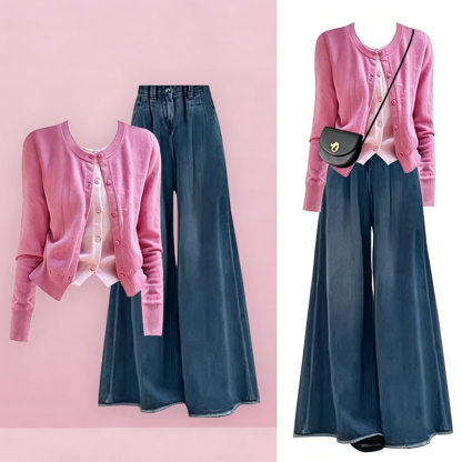 Color Block Fake Two Piece Knit Cardigan Wide Leg Denim Pants Two Pieces Set - Set - 3XL - image 1