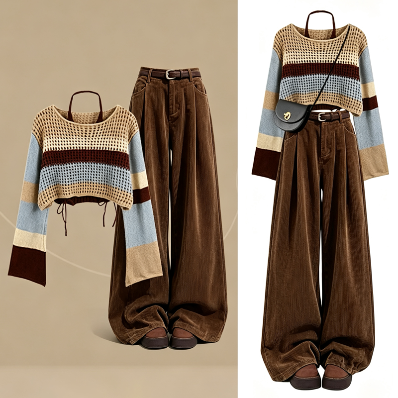 Color Block Hollow Out Knit Top Corduroy Pants Two Pieces Set - Set - XL - image 1