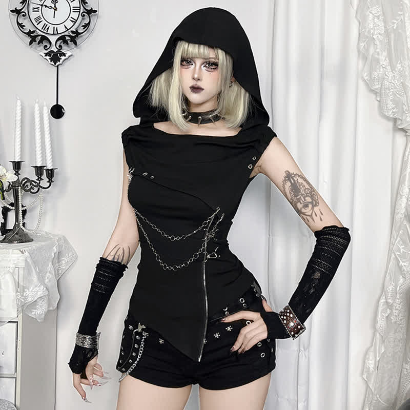 Gothic Draped Collar Sleeveless Top With Metal Chain Decor - Black - L - image 1
