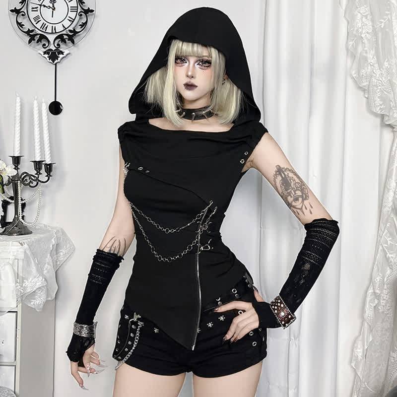 Gothic Draped Collar Sleeveless Top With Metal Chain Decor - Black - L - image 1