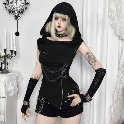 Gothic Draped Collar Sleeveless Top With Metal Chain Decor - Black - L - image 1