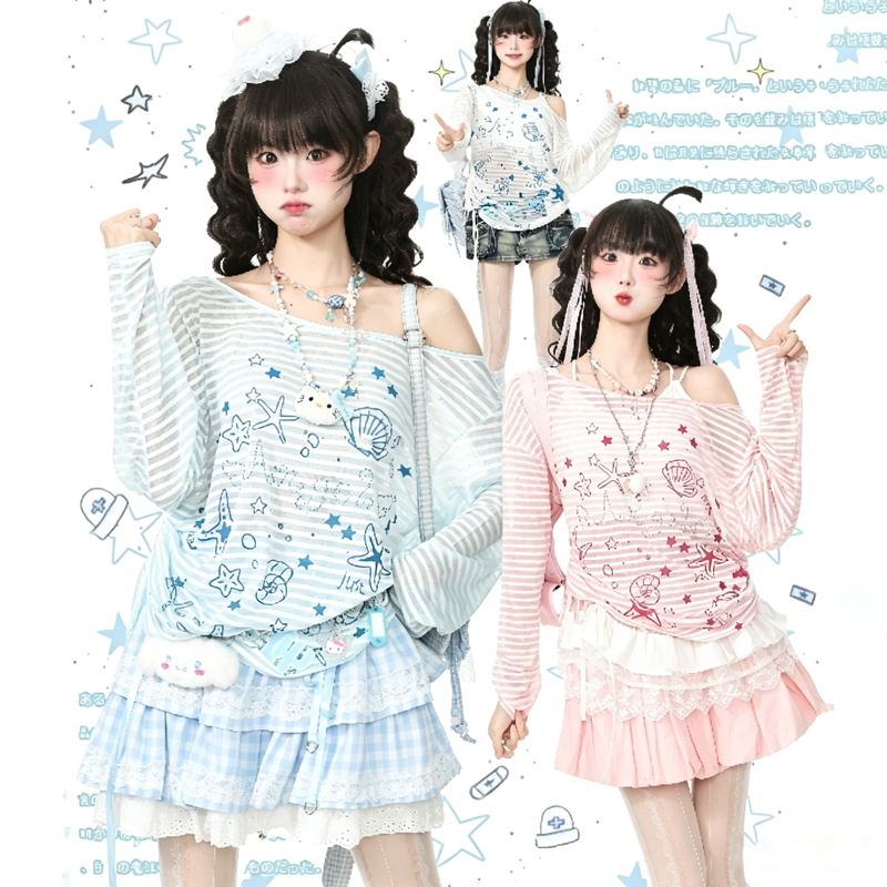 Sweet Style Seashell Print Off Shoulder Long Sleeve T-Shirt - image 1