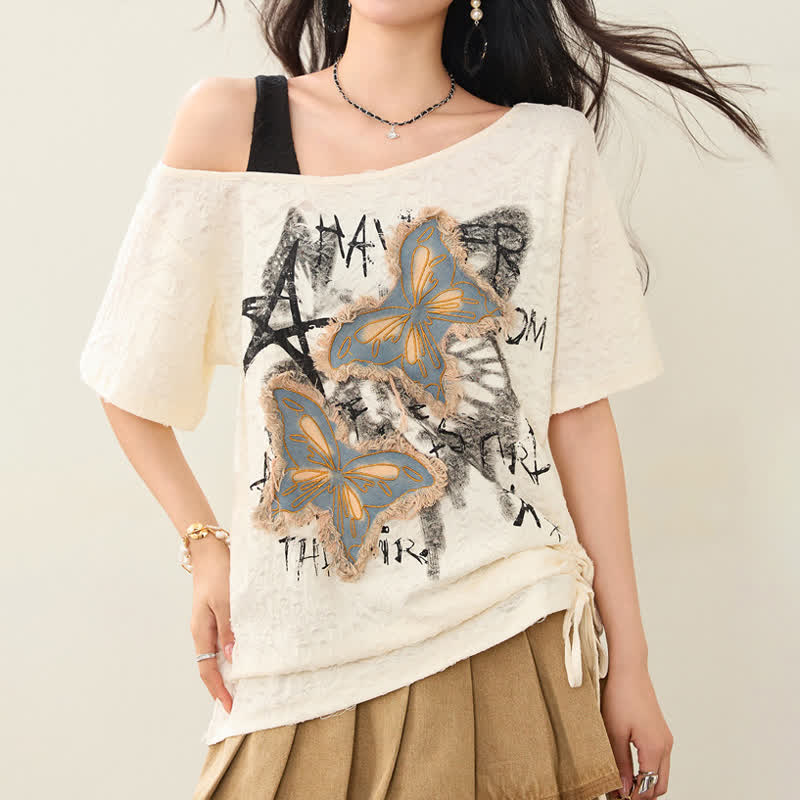 Vintage Butterfly Print Short Sleeve Off Shoulder T-shirt - image 1