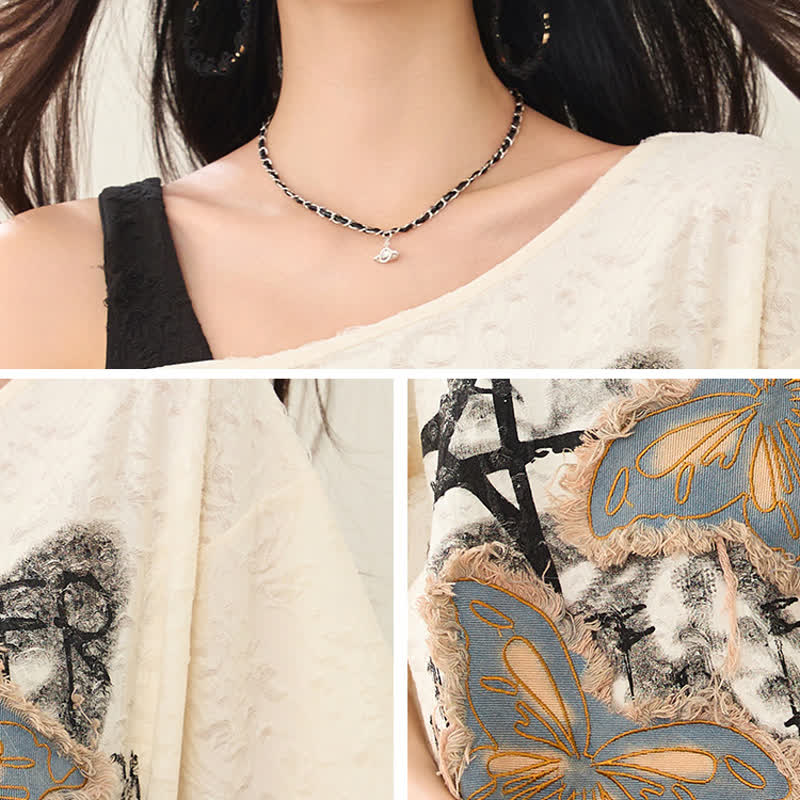 Vintage Butterfly Print Short Sleeve Off Shoulder T-shirt - image 6