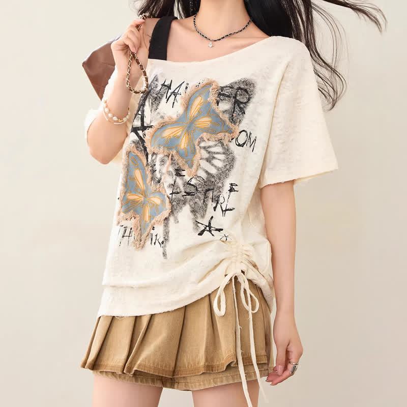 Vintage Butterfly Print Short Sleeve Off Shoulder T-shirt - image 3