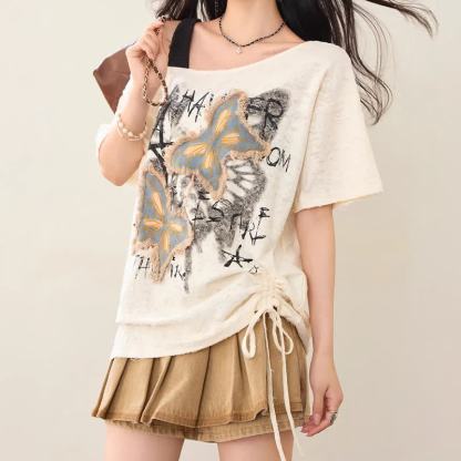 Vintage Butterfly Print Short Sleeve Off Shoulder T-shirt - image 3