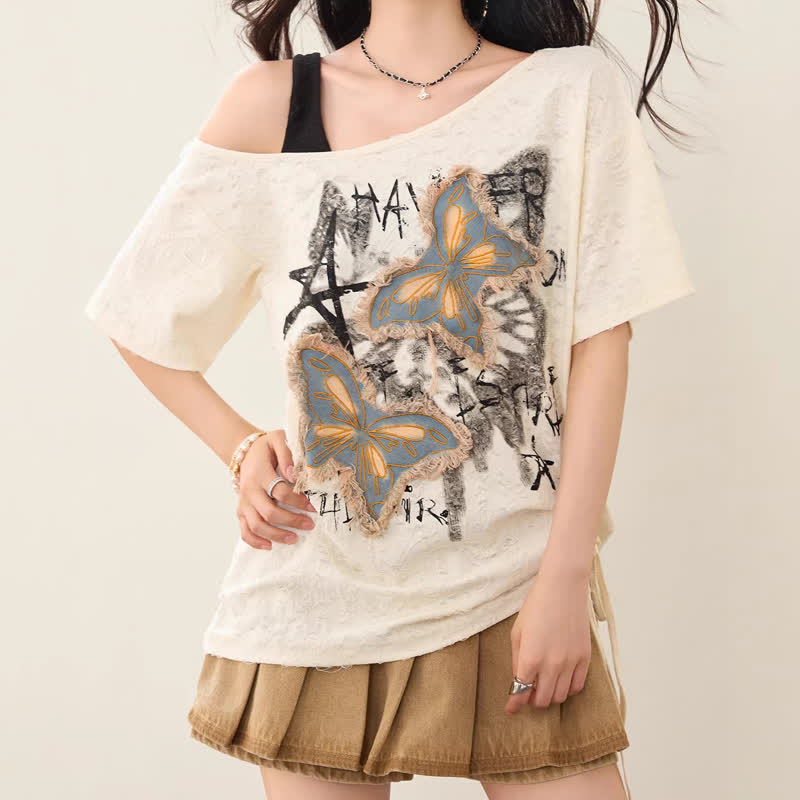 Vintage Butterfly Print Short Sleeve Off Shoulder T-shirt - image 2