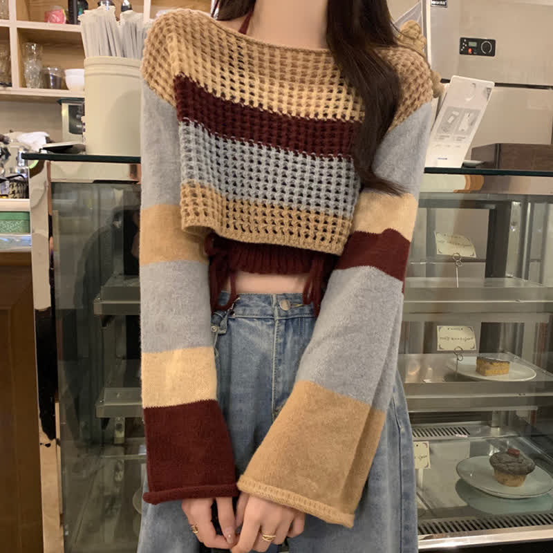 Color Block Hollow Out Knit Top Corduroy Pants Two Pieces Set - image 2