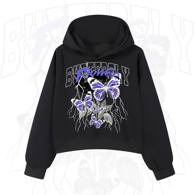 MODAKAWA BUTTERFLY FLOWER Cropped Cotton Hoodie - Black - 3XL - image 1