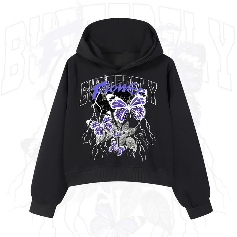 MODAKAWA BUTTERFLY FLOWER Cropped Cotton Hoodie - Black - 3XL - image 1