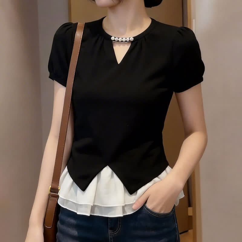 Casual Color Block Ruffle Hem Short Sleeve Top Wide Leg Jeans Two Pieces Set - image 4