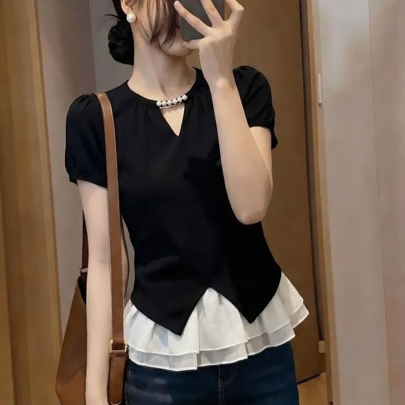 Casual Color Block Ruffle Hem Short Sleeve Top Wide Leg Jeans Two Pieces Set - Top - 3XL - image 3