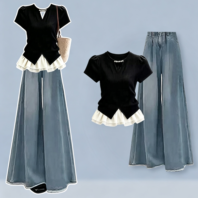 Casual Color Block Ruffle Hem Short Sleeve Top Wide Leg Jeans Two Pieces Set - Set B - 3XL - image 2