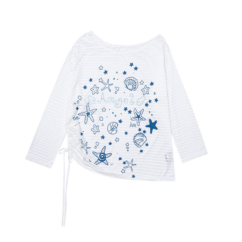 Sweet Style Seashell Print Off Shoulder Long Sleeve T-Shirt - White - L - image 5
