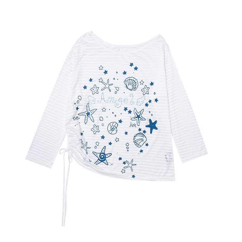 Sweet Style Seashell Print Off Shoulder Long Sleeve T-Shirt - White - L - image 5