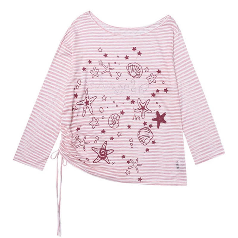 Sweet Style Seashell Print Off Shoulder Long Sleeve T-Shirt - Pink - L - image 6
