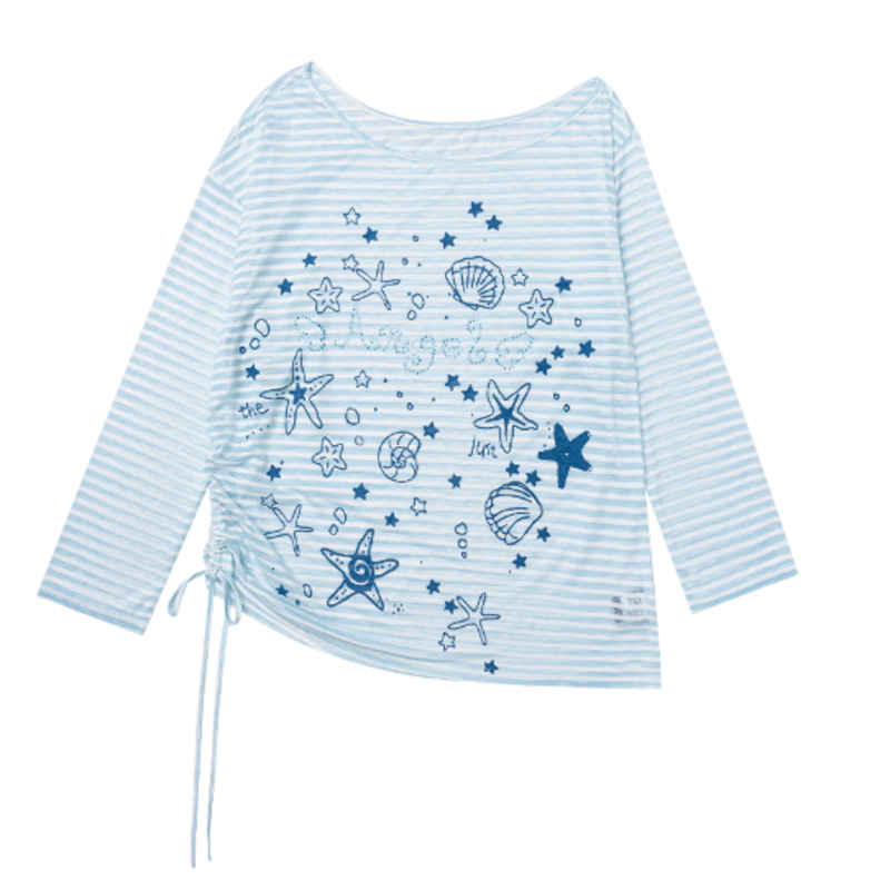 Sweet Style Seashell Print Off Shoulder Long Sleeve T-Shirt - Blue - L - image 7