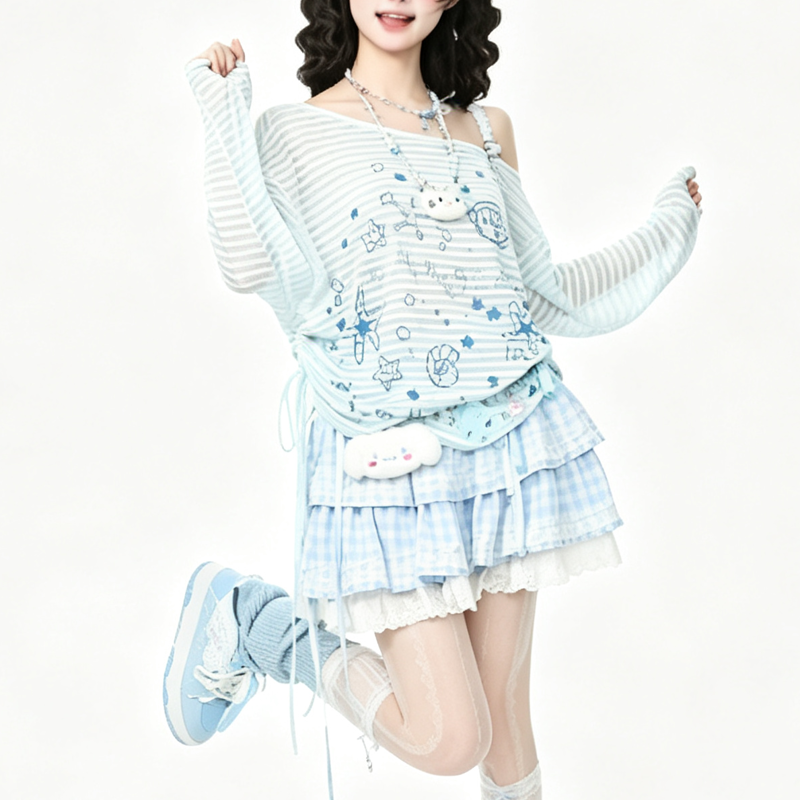 Sweet Style Seashell Print Off Shoulder Long Sleeve T-Shirt - image 4