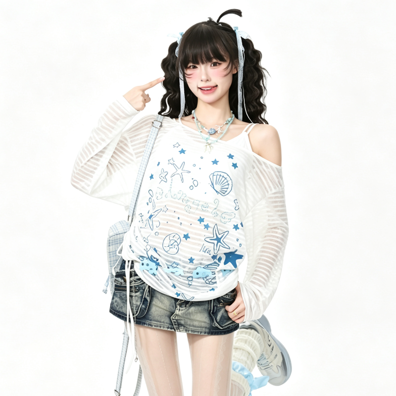 Sweet Style Seashell Print Off Shoulder Long Sleeve T-Shirt - image 2