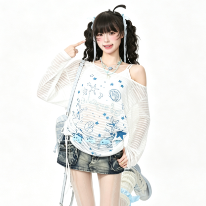 Sweet Style Seashell Print Off Shoulder Long Sleeve T-Shirt - image 2