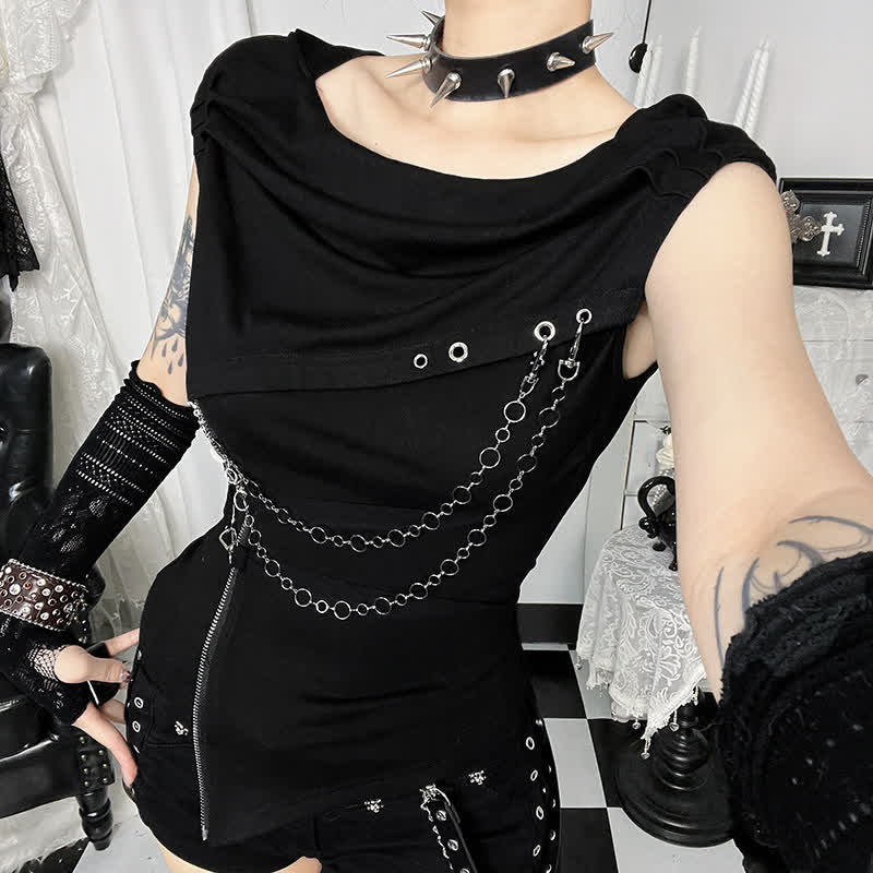 Gothic Draped Collar Sleeveless Top With Metal Chain Decor - image 2